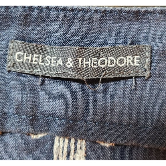 Chelsea & Theodore Women’s Linen Embroidered Navy Blue Ivory Tunic Blouse - Picture 7 of 8